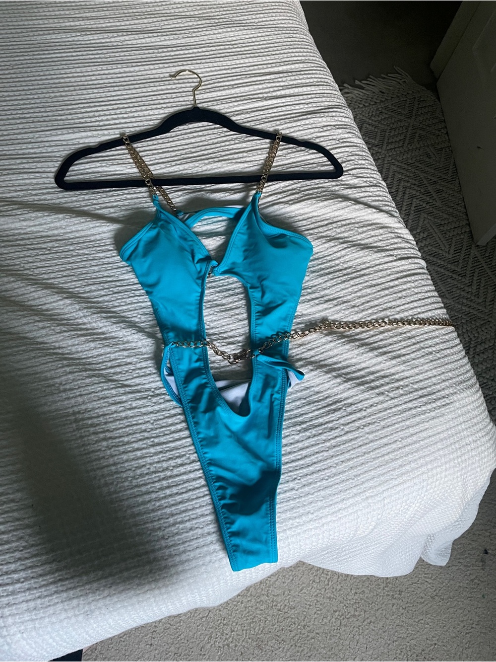 Gold-Chain Strap Turquoise Cutout One-Piece Swimsuit